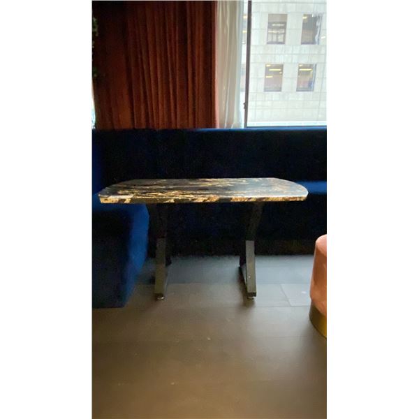 BLACK & BROWNISH MARBLE TOP COCKTAIL TABLE WITH BLACK METAL LEGS 42" X 20" X 24" HIGH