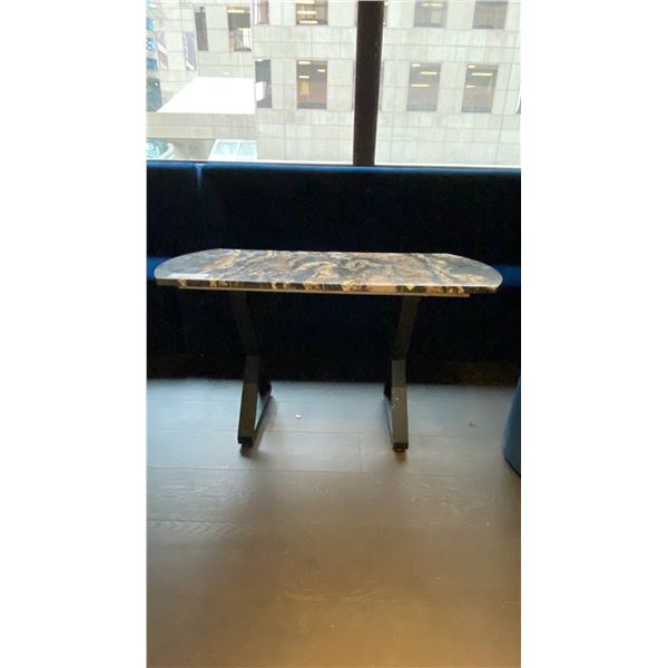 BLACK & BROWNISH MARBLE TOP COCKTAIL TABLE WITH BLACK METAL LEGS 42" X 20" X 24" HIGH