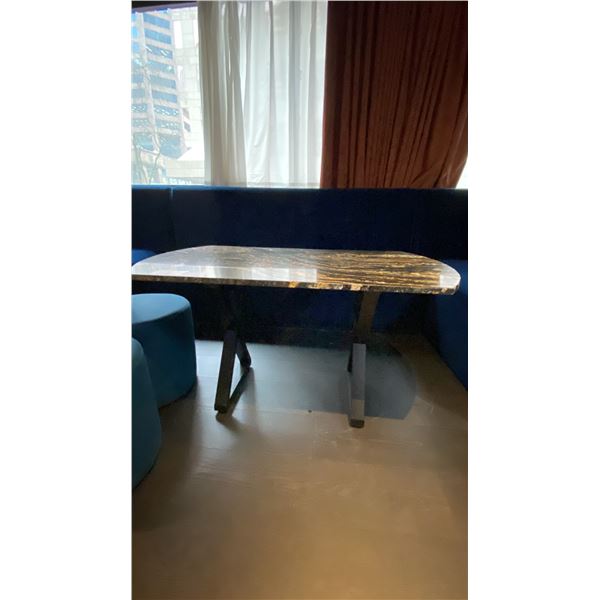 BLACK & BROWNISH MARBLE TOP COCKTAIL TABLE WITH BLACK METAL LEGS 44" X 23" X 24" HIGH