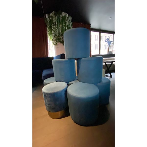 GROUP OF (8) BLUE FABRIC UPHOLSTERED FOOTSTOOLS