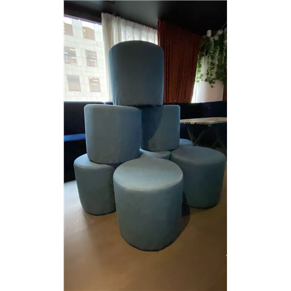 GROUP OF (8) BLUE FABRIC UPHOLSTERED FOOTSTOOLS