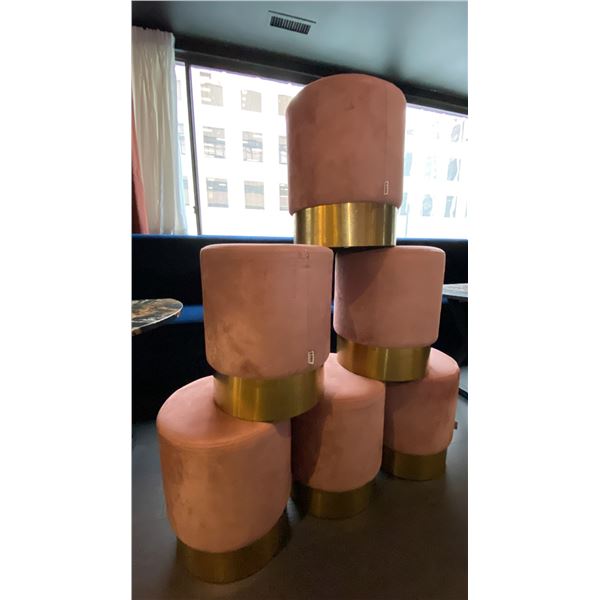GROUP OF (6) PINK FABRIC UPHOLSTERED FOOTSTOOLS WITH BRASS ACCENTS