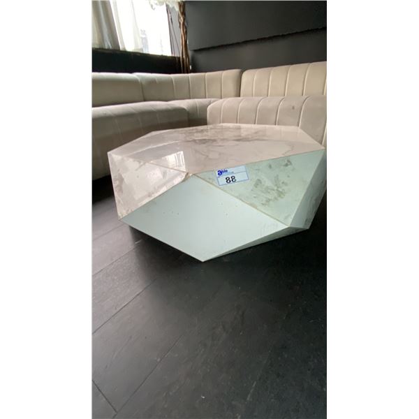 WHITE CERAMIC TILE ANGULAR HEXAGON COCKTAIL TABLE - APPROX. 40" DIAMETER X 13" HIGH