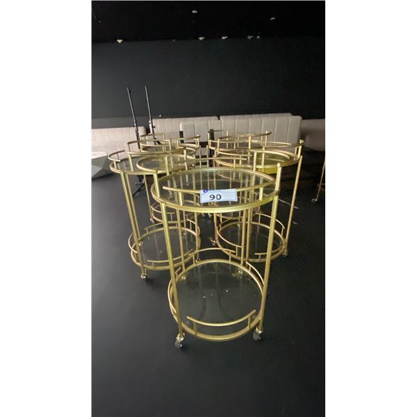 GROUP OF (5) BRASS & GLASS 2 TIER ROUND MOBILE DRINK CARTS