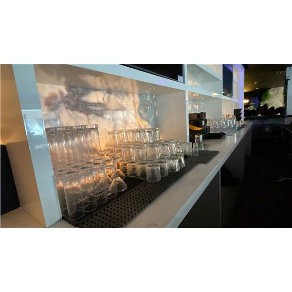 LARGE GROUP OF ASSORTED BAR GLASSES, SPILL MATS, GARNISH ORGANIZERS AND MORE