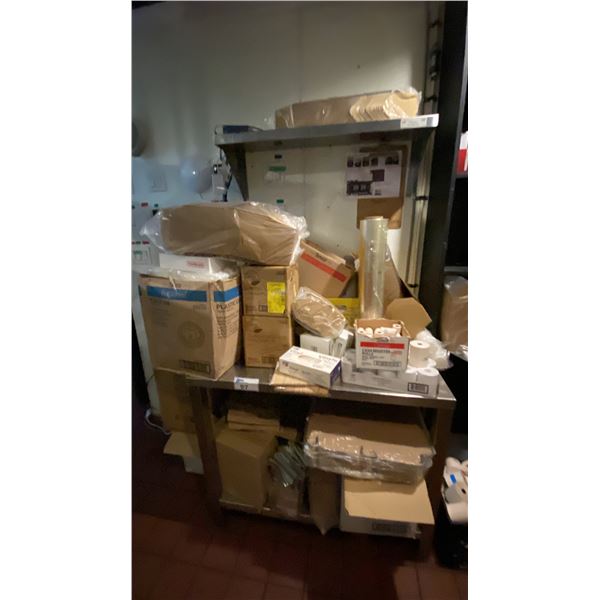 STAINLESS STEEL PREP TABLE. EFI WALL MOUNT SHELF AND LARGE GROUP OF TO GO FOOD PACKAGING ITEMS