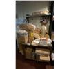 Image 1 : STAINLESS STEEL PREP TABLE. EFI WALL MOUNT SHELF AND LARGE GROUP OF TO GO FOOD PACKAGING ITEMS