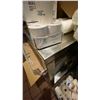 Image 2 : STAINLESS STEEL PREP TABLE. EFI WALL MOUNT SHELF AND LARGE GROUP OF TO GO FOOD PACKAGING ITEMS