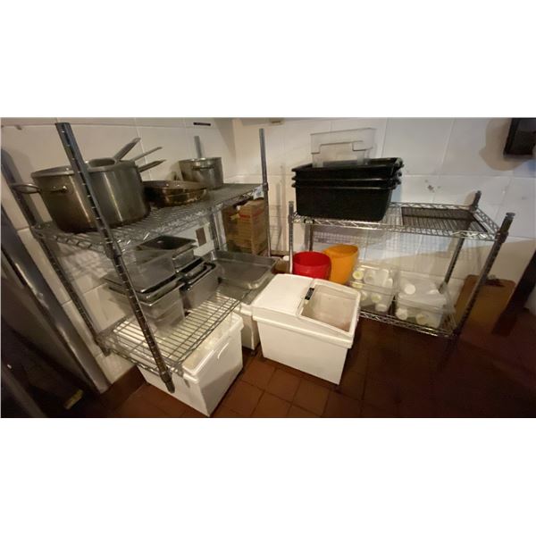 2 SMALL ULINE SHELF UNITS AND CONTENTS - DRY STORAGE BINS, FOOD PREP INSERTS, POTS & PANS AND 3 C...