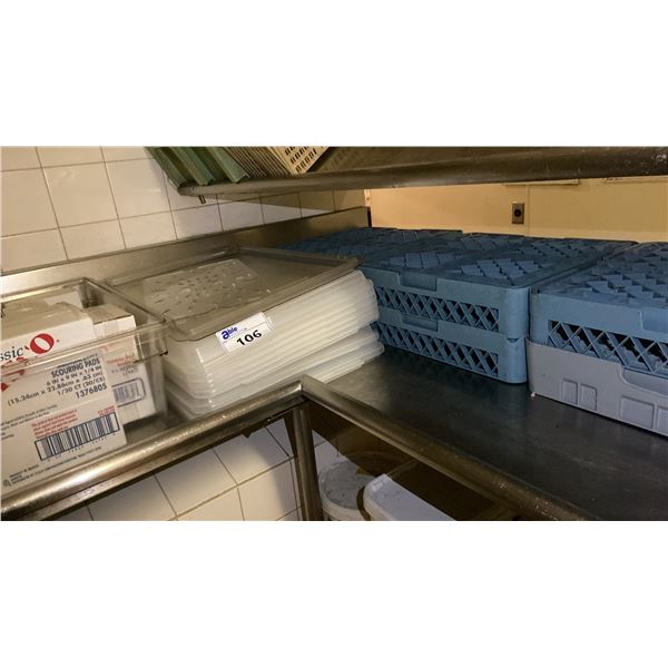 LARGE GROUP OF CLEANING SUPPLIES - DISH WASHER TRAYS, ASSORTED SOAPS, SCRUB PADS, MOP BUCKETS AND...