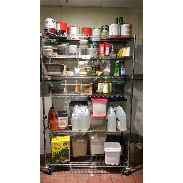 6 TIER MOBILE METRO SHELF UNIT WITH CONTENTS (DRIED FOOD PRODUCT) AND SHELF OF DRIED GOODS