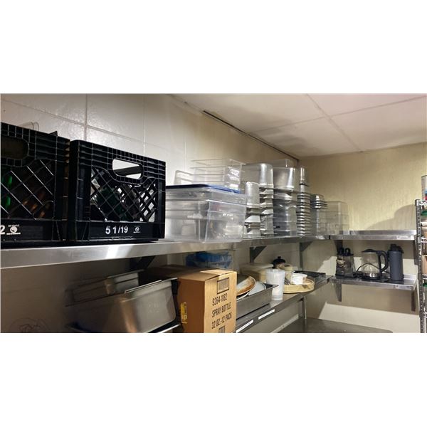 LARGE GROUP OF STAINLESS STEEL/PLASTIC FOOD PREP INSERTS AND OTHER FOOD SERVICE ITEMS