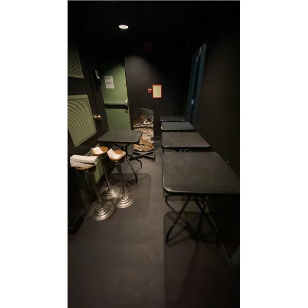 GROUP OF (5) BLACK METAL 24"X 24" X 30" HIGH BISTRO/PATIO TABLES AND (1) BLACK MARBLE TOP TABLE 4...