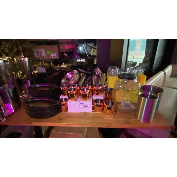 GROUP OF ASSORTED ITEMS - COPPER COFFEE MUGS, CERAMIC DISHES, DRINK SHAKERS AND MORE