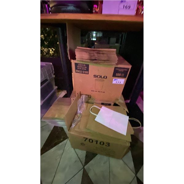 SEVERAL BOXES OF ASSORTED PAPER TAKE OUT/GROCERY BAGS
