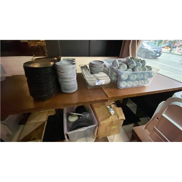 LARGE GROUP OF STONEWARE DISHES AND SAKE CERAMIC BOTTLES