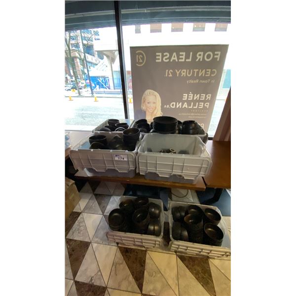 7 BOXES OF BLACK EARTHENWARE BOWLS AND SMALL TEA POTS