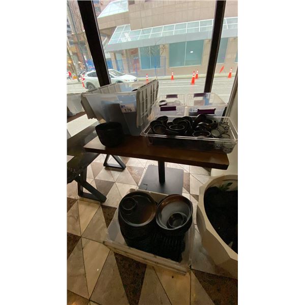 5 BOXES OF BLACK EARTHENWARE DISHES AND SMALL FROSTED GLASS TEA LIGHT HOLDERS