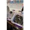 Image 3 : 5 BOXES OF BLACK EARTHENWARE DISHES AND SMALL FROSTED GLASS TEA LIGHT HOLDERS