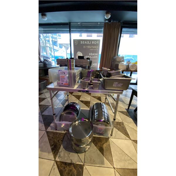 GROUP STAINLESS STEEL BOWLS, PLATES. CUPS, CHAMPAGNE STAND AND FOOD PREP INSERTS