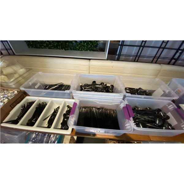 6 CONTAINERS OF BLACK METAL CUTLERY - KNIVES, FORKS, SPOONS AND CHOP STICKS