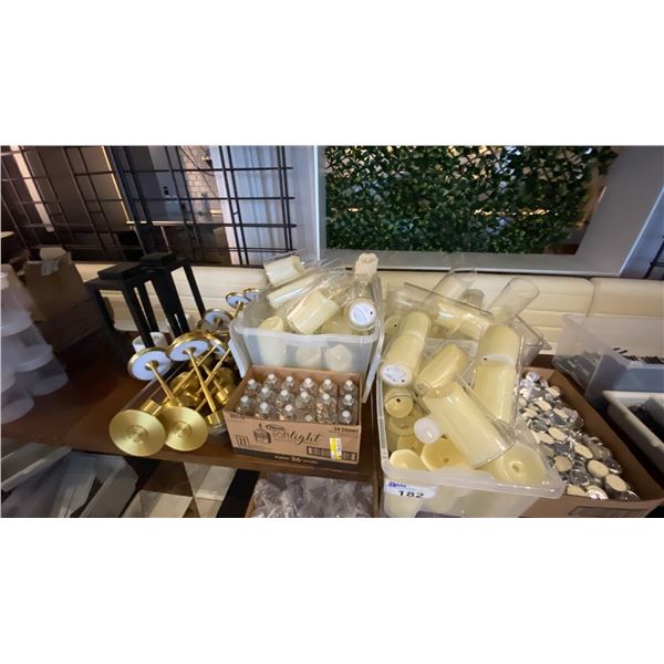LARGE GROUP OF DECOR CANDLES AND CANDLE STANDS