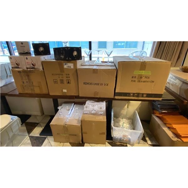 7 BOXES OF ASSORTED WINE GLASSES, WINE CARAFES, MARTINI GLASSES AND COCKTAIL GLASSES