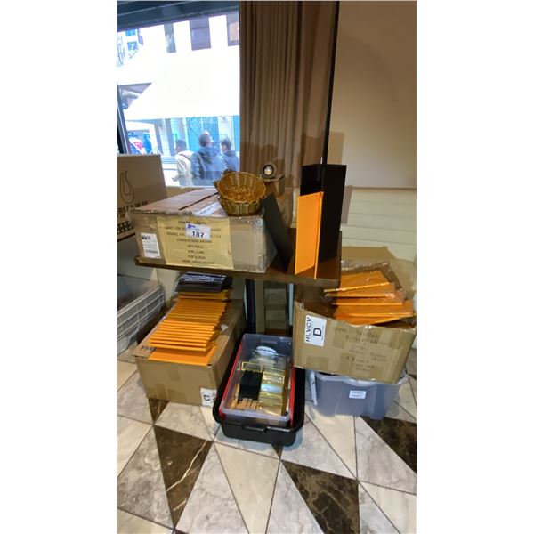 GROUP OF MISCELLANEOUS ITEMS - WICKER BREAD BASKETS, MENUS, SMALL TABLE TOP AD STANDS AND MORE