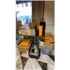 Image 1 : GROUP OF MISCELLANEOUS ITEMS - WICKER BREAD BASKETS, MENUS, SMALL TABLE TOP AD STANDS AND MORE