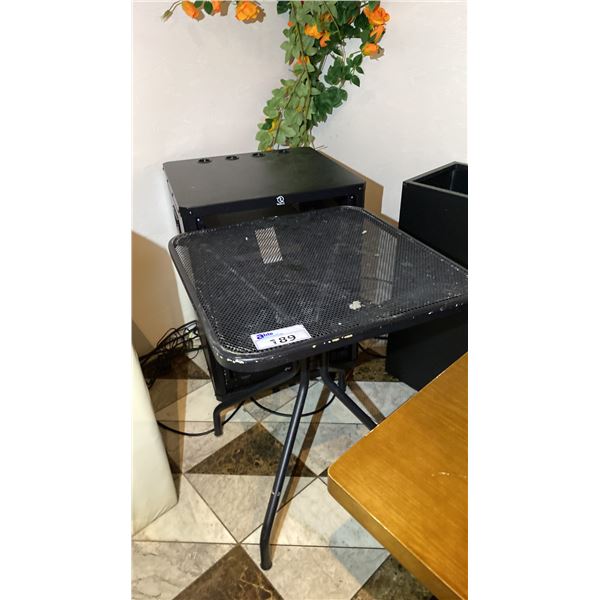 SMALL BLACK METAL BISTRO TABLE AND METAL AV CABINET