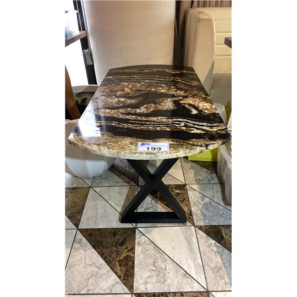 BLACK & BROWNISH MARBLE TOP COCKTAIL TABLE WITH BLACK METAL LEGS 42" X 22" X 24" HIGH