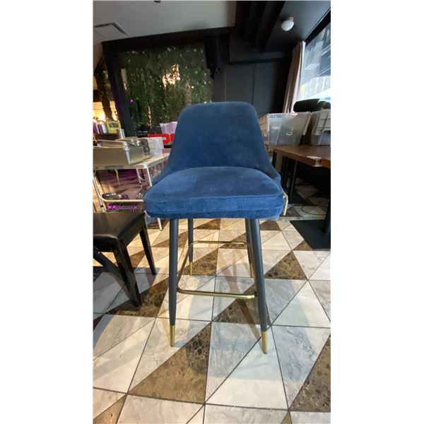 BLUE CORDUROY FABRIC UPHOLSTERED BAR STOOL WITH BLACK & BRASS METAL LEGS