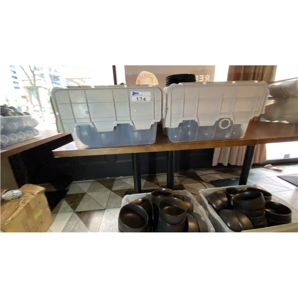 WOOD TOP DINING TABLE WITH DOUBLE PEDESTAL BLACK METAL BASE - APPROX. 47" X 35 1/2" X 30"