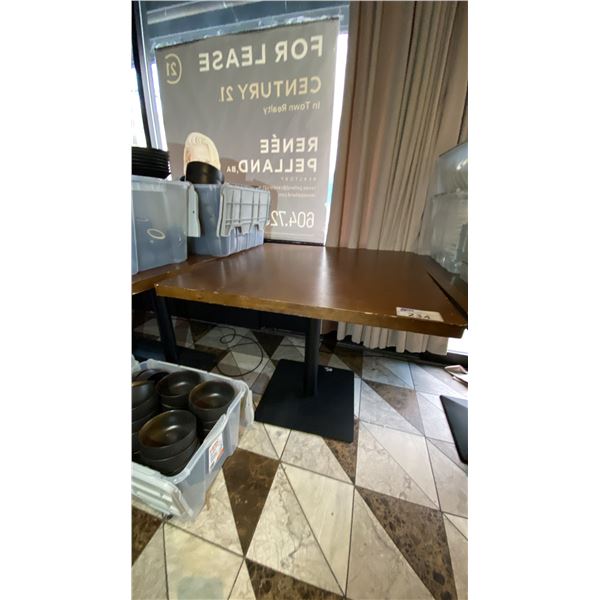 WOOD TOP DINING TABLE WITH SINGLE PEDESTAL BLACK METAL BASE - APPROX. 35 1/2" X 35 1/2" X 30"