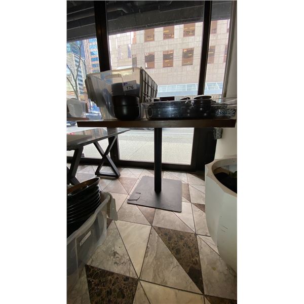WOOD TOP DINING TABLE WITH SINGLE PEDESTAL BLACK METAL BASE - APPROX. 35 1/2" X 35 1/2" X 30"