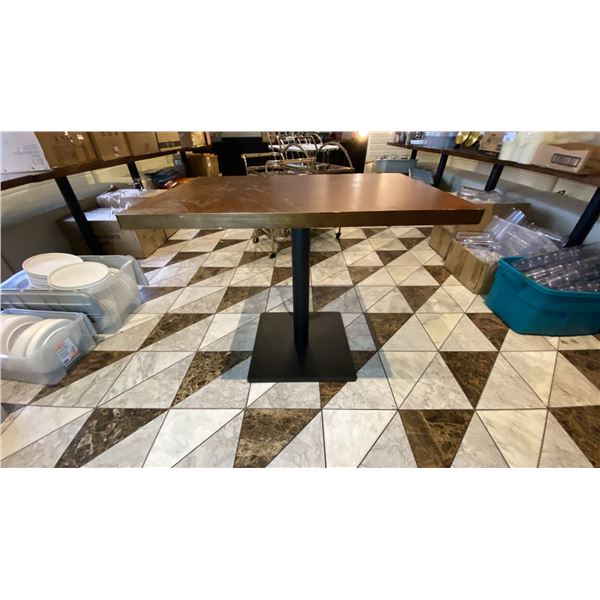WOOD TOP DINING TABLE WITH SINGLE PEDESTAL BLACK METAL BASE - APPROX. 35 1/2" X 23 1/2" X 30"