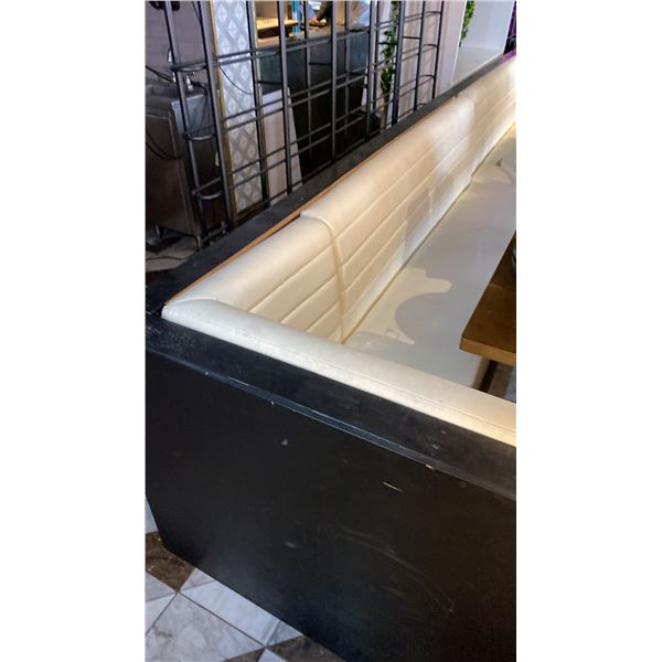 WHITE LEATHER UPHOLSTERED BOOTH/BENCH SEATING - CONSISTS OF (2) 7FT SECTIONS AND (2) 5FT CORNER S...