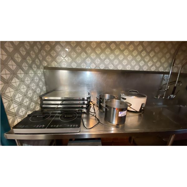 5 ELECTRIC HOT PLATES, 2 STAINLESS STEEL POTS AND 1 RICE COOKER