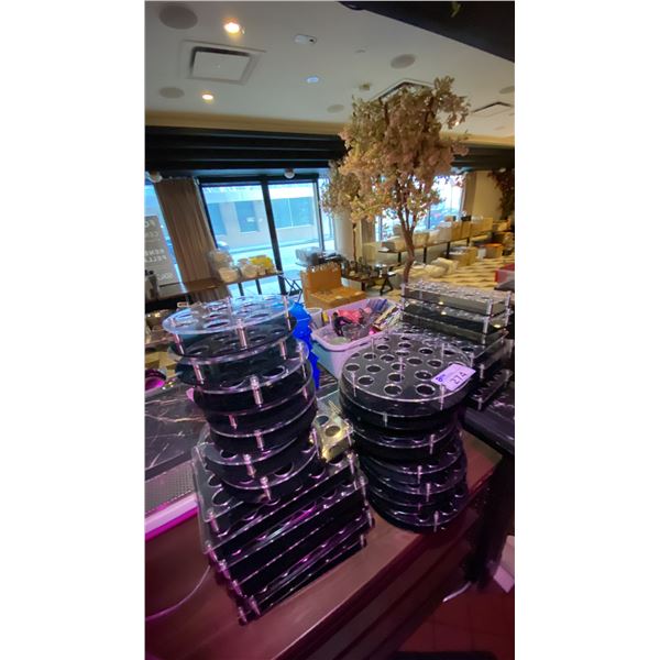 LARGE GROUP OF SHOT GLASS TRAYS AND PLASTIC BIN OF BAR TOOLS