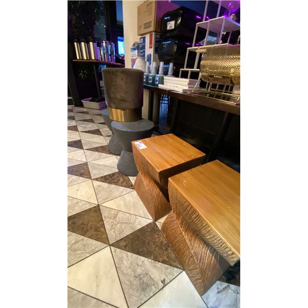 PAIR GREY HOUR GLASS SHAPED SIDE TABLES, PAIR SWIRL SQUARE SIDE TABLES AND GREY FABRIC WITH BRASS...