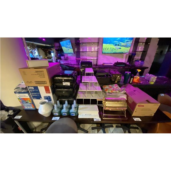 GROUP OF MISCELLANEOUS - HAND TOWEL DISPENSERS, PAPER TOWEL, HAND SOAP, HELIUM TANKS AND MORE
