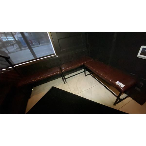 GROUP OF 3 BROWN VINYL UPHOLSTERED WITH BLACK METAL LEGS BENCH SEATS - APPROX. 3 1/4FT LONG