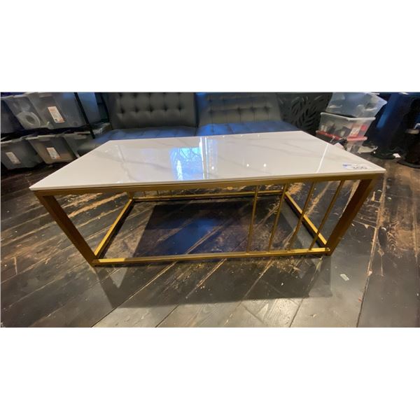 WHITE MARBLE TOP COFFEE TABLE WITH BRASS FINISH BASE - APPROX.4FT X 2FT X 1 1/2FT HIGH