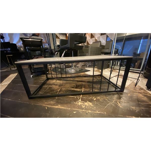 GREY MARBLE TOP COFFEE TABLE WITH BRASS FINISH BASE - APPROX.4FT X 2FT X 1 1/2FT HIGH
