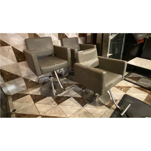 GROUP OF (3) GREY & CHROME BARBER/SALON CHAIRS *SOME WEAR PRESENT*