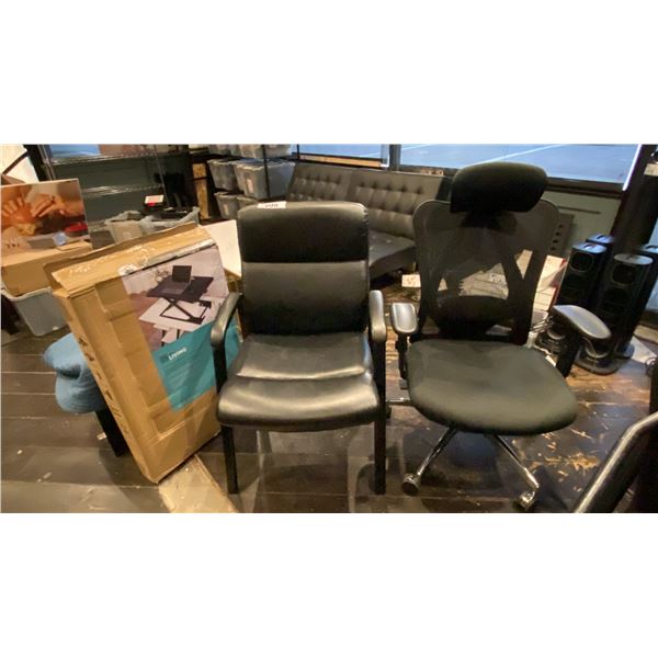 MESH BACK OFFICE CHAIR, CLIENT CHAIR AND SIT-STAND ADJUSTABLE DESK RISER