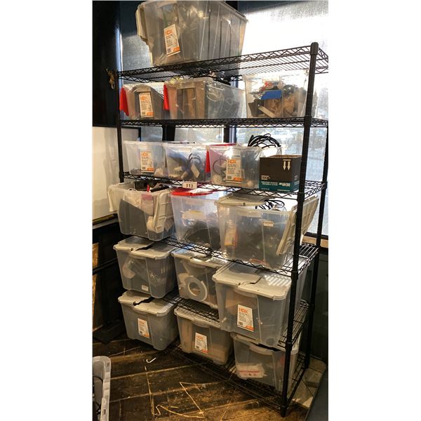 6 TIER BLACK METAL SHELF UNIT AND CONTENTS - ASSORTED ELECTRONICS AND MISCELLANEOUS ITEMS