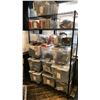 Image 1 : 6 TIER BLACK METAL SHELF UNIT AND CONTENTS - ASSORTED ELECTRONICS AND MISCELLANEOUS ITEMS