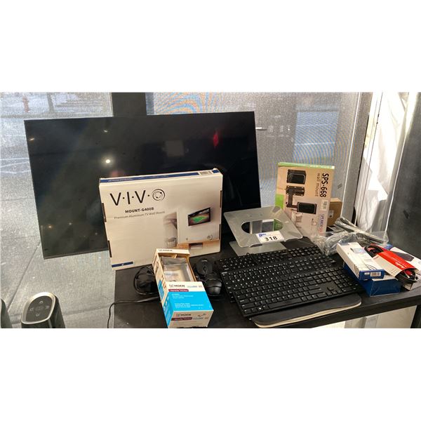 TABLE TOP OF ASSORTED COMPUTER ACCESSORIES AND 43" SAMSUNG MONITOR