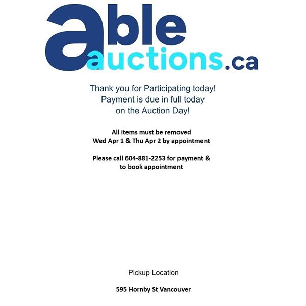 All items must be removed by Wed Apr 1 & Thu Apr 2  9AM - 4:30pm by appointment